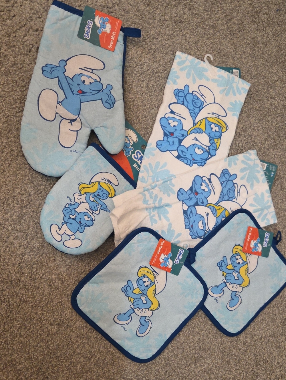 Smurfs With Smurfette Oven Mitts & Towels 6 Piece Bundle Set - Blue, Peyo NWT
